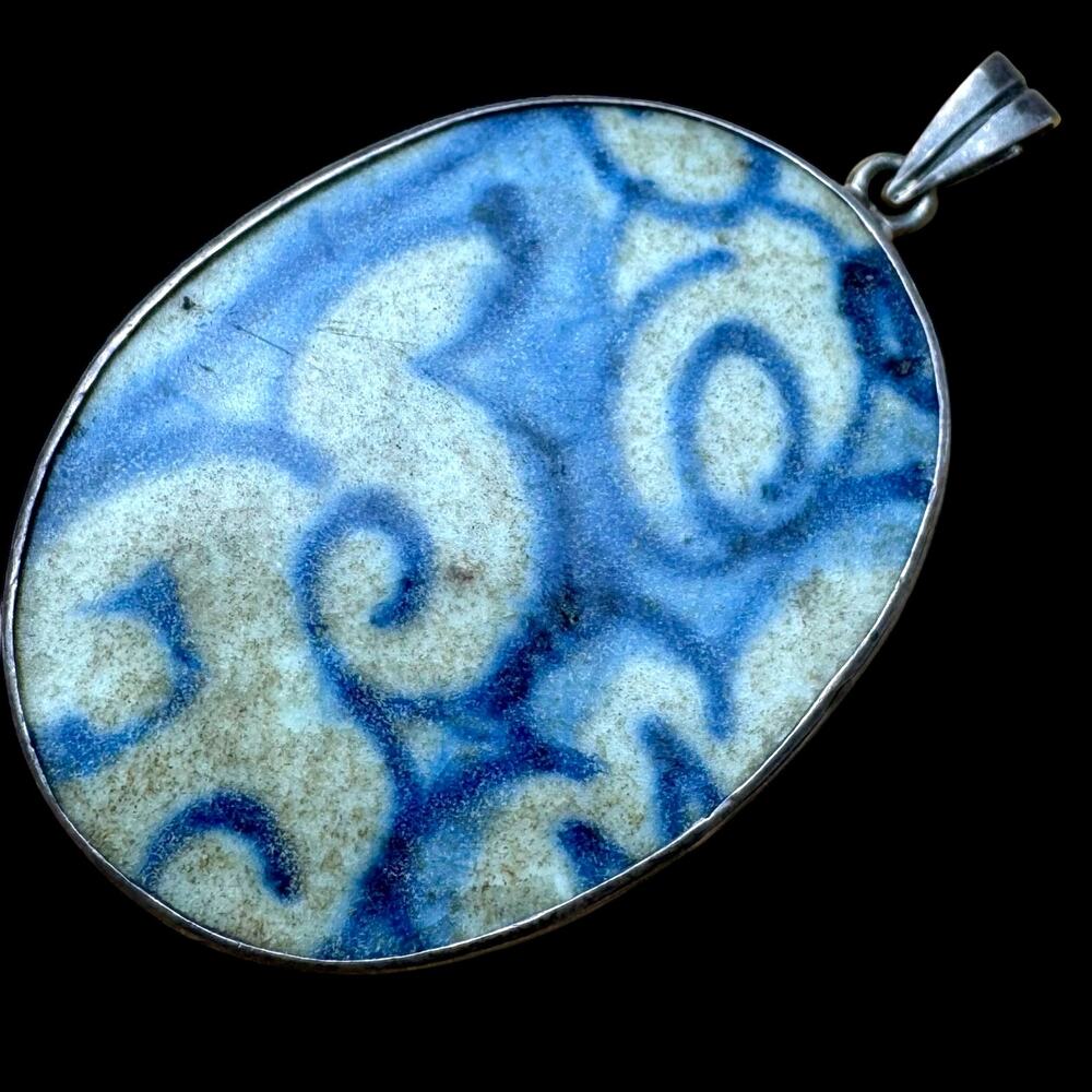 Antique Chinese Porcelain Shard Pendant Sterling Silver Bezel Blue Cloud Scroll